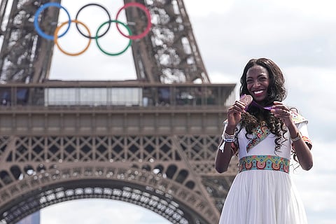 2012 London Olympics women's 1500m: Abeba Aregawi of Ethiopia poses with her bronze medal